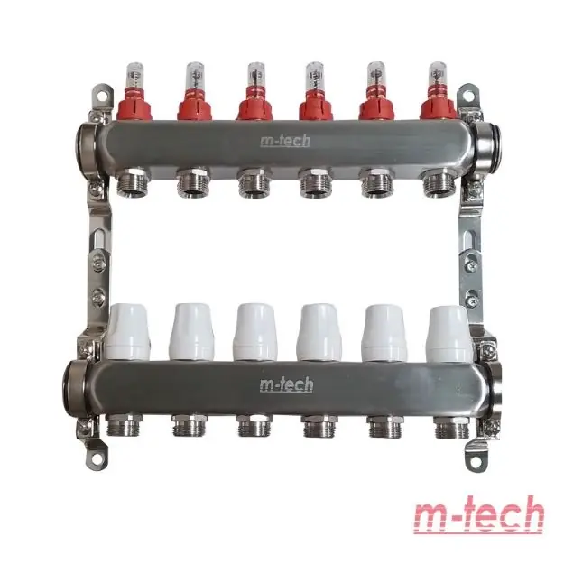 Kedvezmény m-tech UniTherm áramlásmérős INOX osztó-gyűjtő, 1" 3/4" eurokónuszos csatlakozással, 6 körös