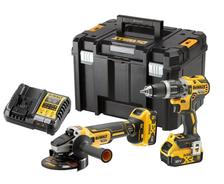 Kedvezmény DeWALT - 18V ACU fúrógép és sarokcsiszoló készlet, 2x ACU 5.0 Ah XR, töltő DCK2080P2T