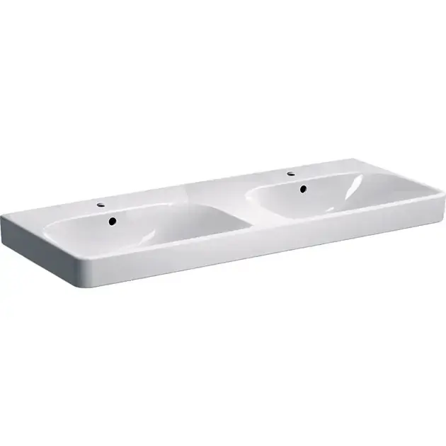 Geberit Smyle Square - Dupla mosdókagyló 1200x480 mm, túlfolyóval, 2 lyukkal a csaptelepekhez, fehér színben 500.223.01.1 Árcsökkenés