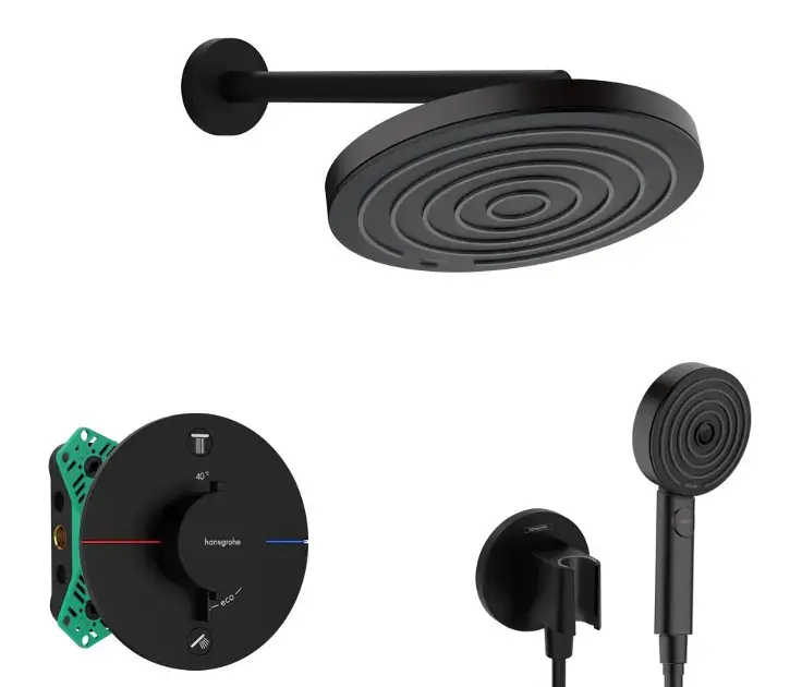 Hansgrohe - Zuhanyszett termosztáttal, rejtett, testtel, átmérő 26 cm, 3 fúvókával, fekete szőnyeggel SANI21HHH402 Azonnal elérhető